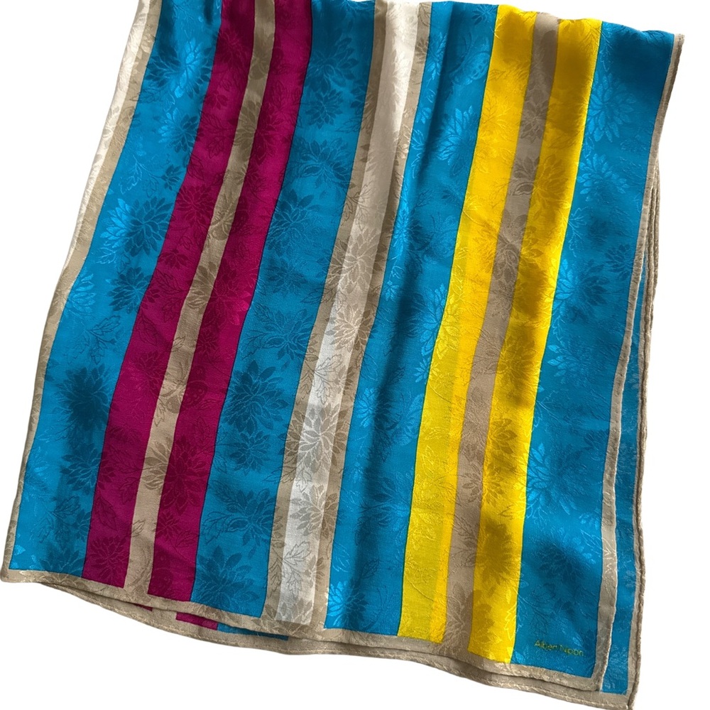 Albert Nipon Scarf Handkerchief Silk Blue Yellow Pink Striped l Floral Jacquard